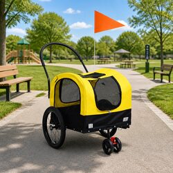 2-in-1 Pet Bike Trailer Jogging Stroller Yellow Black Dog Cat Carrier Conversion