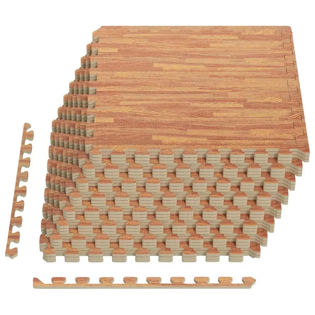 Exercise Floor Mats EVA Foam 24 Piece Brown Wood Grain Interlocking Tiles