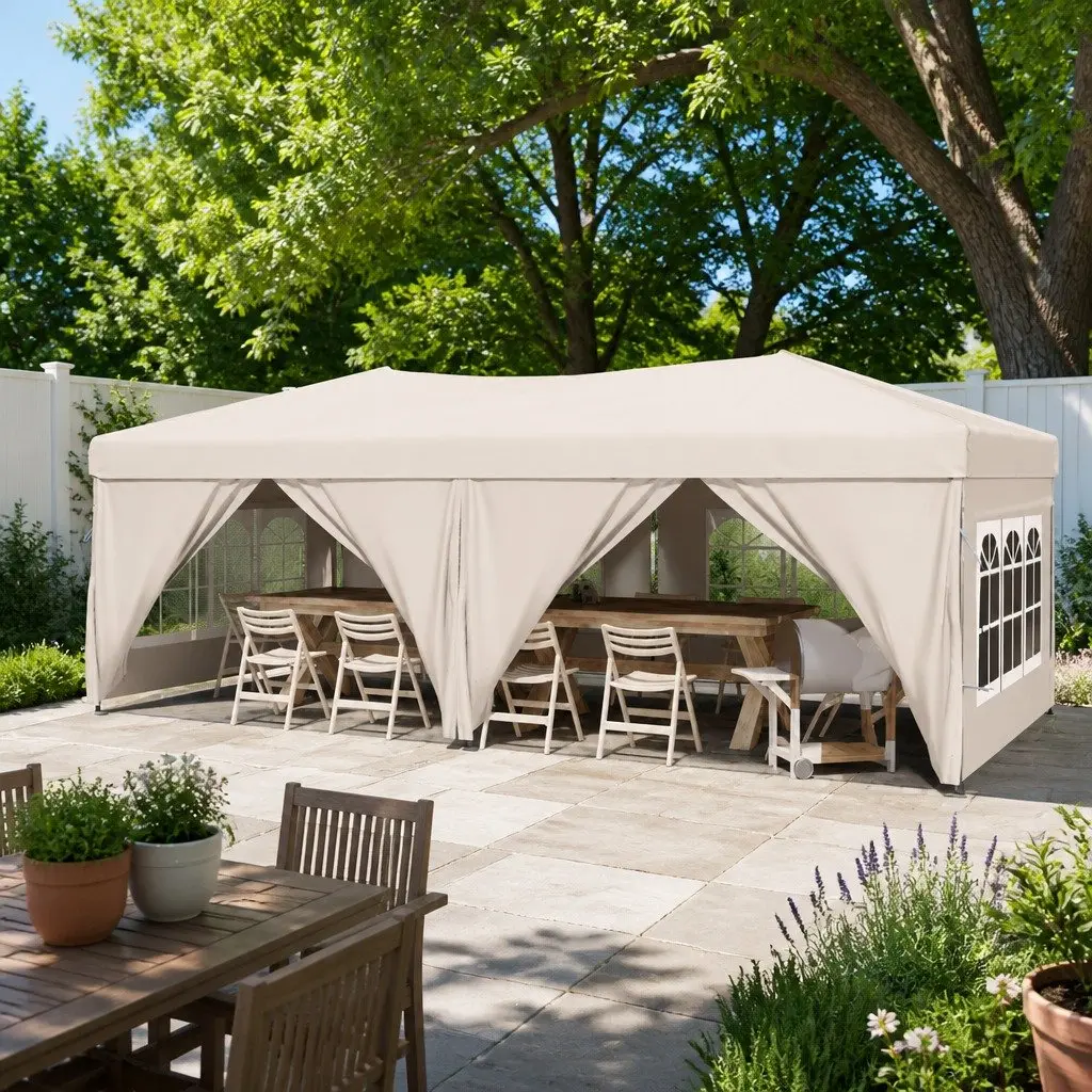 Folding Party Tent 210D Oxford Fabric 3x6m Cream Outdoor Canopy Gazebo with Sidewalls
