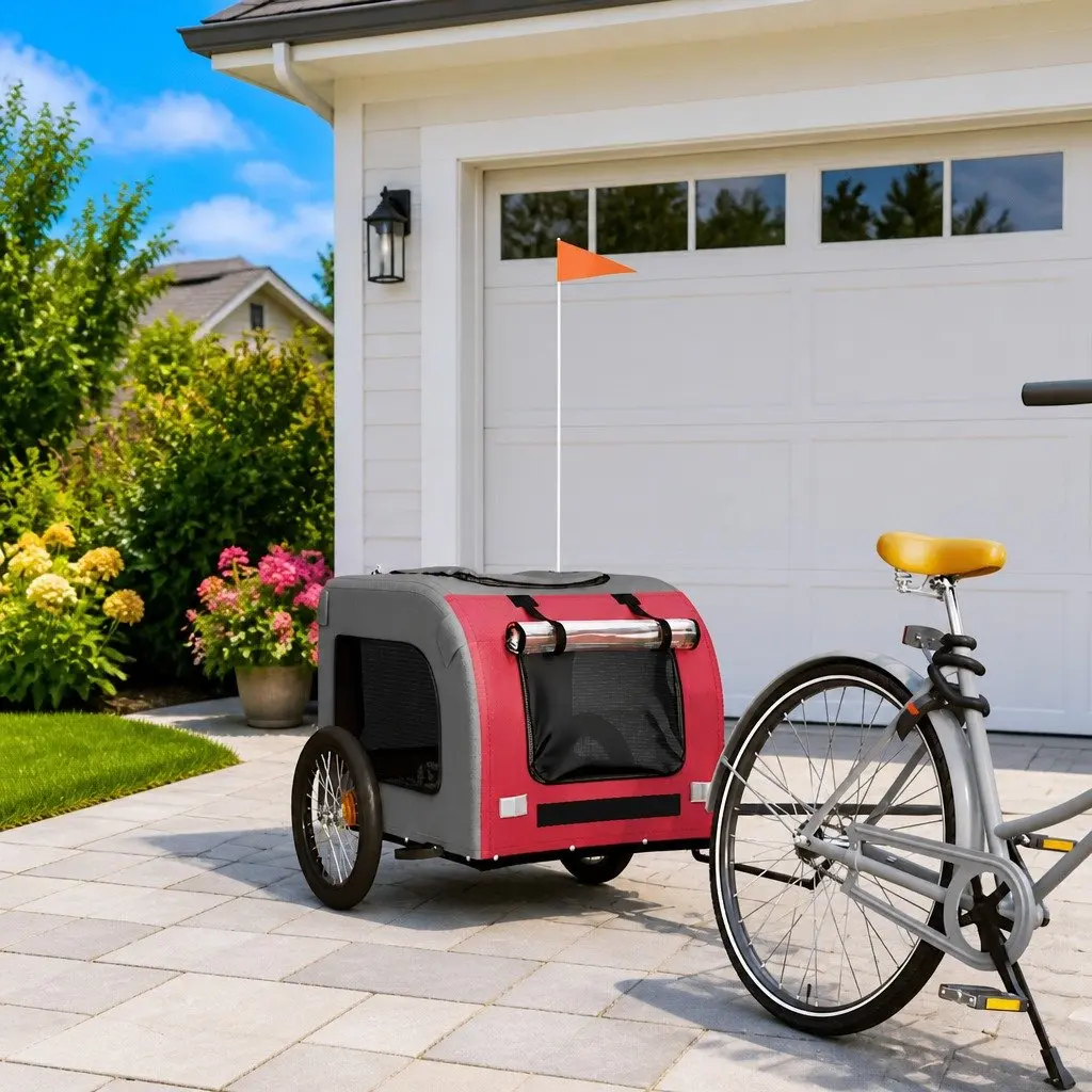 Red Oxford Fabric Pet Bike Trailer for Small Dogs