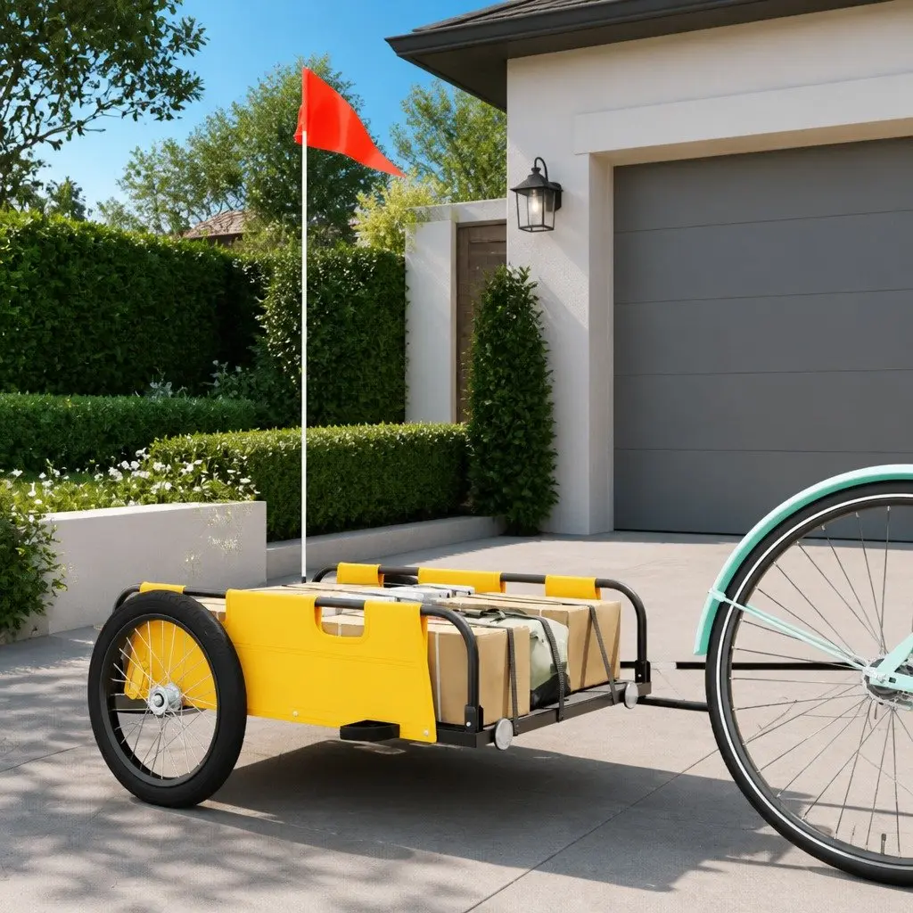 Bike Trailer Yellow Oxford Fabric Iron Frame Cargo Cart Bicycle Transport
