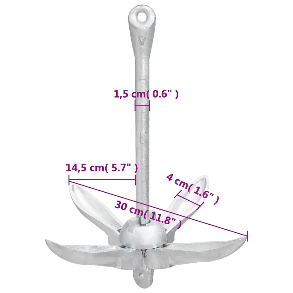 Folding Anchor with Rope 1.5kg Silver 4-Claw Grapnel