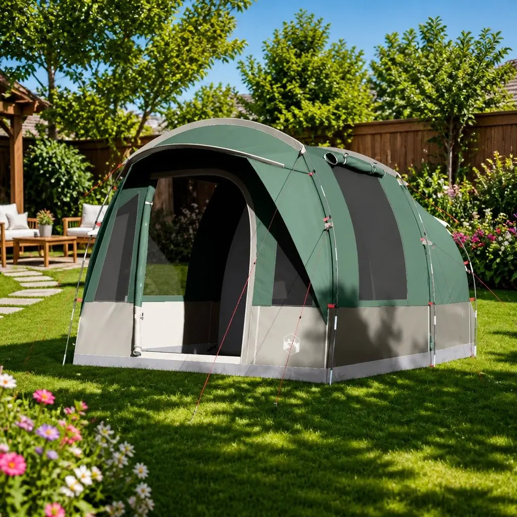 3-Person Green Tunnel Camping Tent with Fibreglass Poles