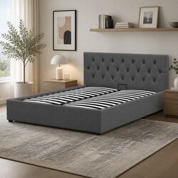 Gas Lift Bed Frame King with Tufted Headboard Storage Platform Modern Bedroom