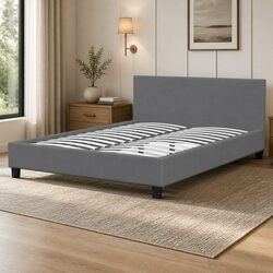 Single Bed Frame with Headboard Modern Platform Upholstered Fabric Bedroom