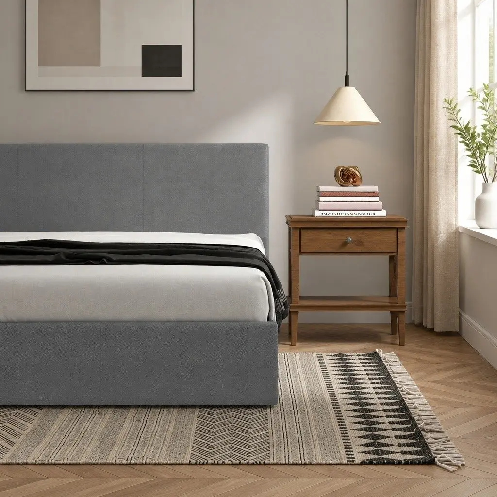 Single Bed Frame with Headboard Modern Platform Upholstered Fabric Bedroom