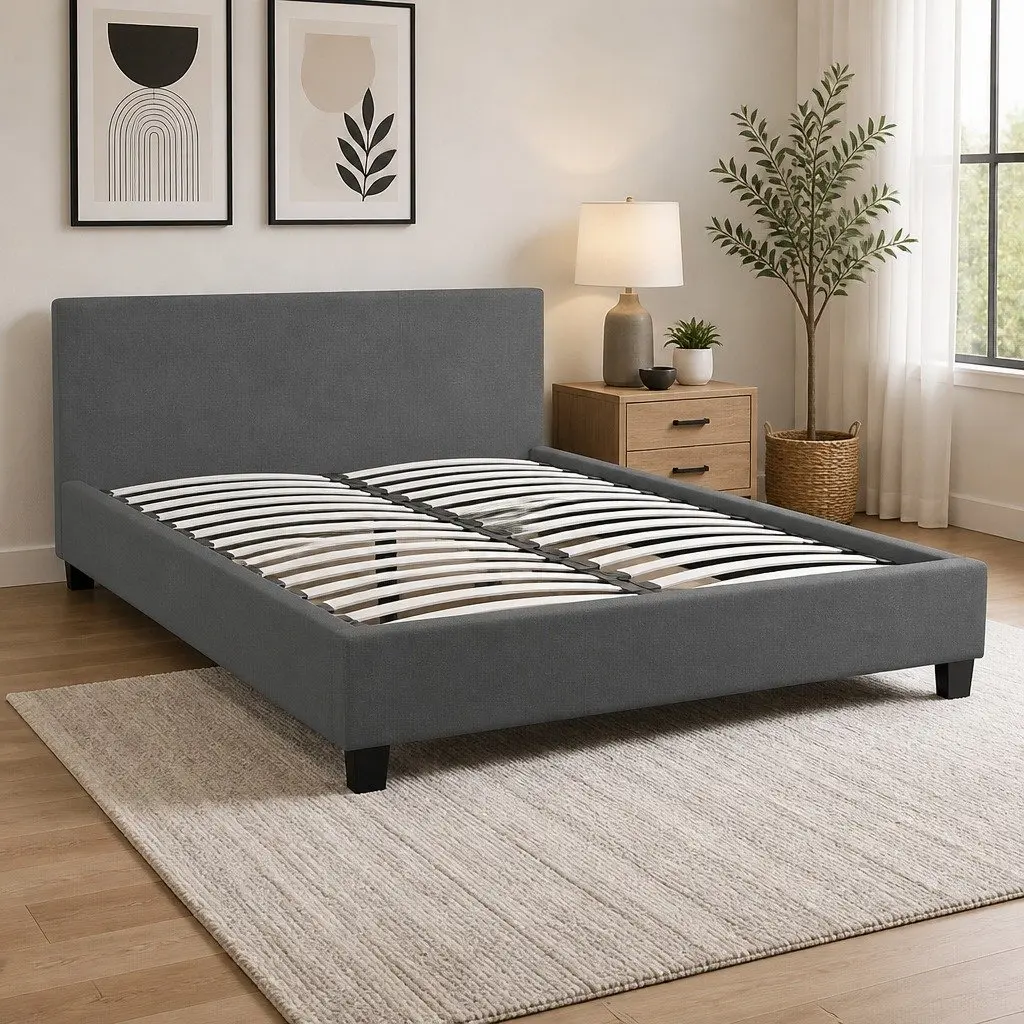 Single Bed Frame with Headboard Modern Platform Upholstered Fabric Bedroom