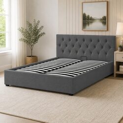 Single Gas Lift Bed Frame with Tufted Headboard in Grey
