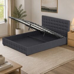 King Single Gas Lift Storage Bed with Headboard Dark Grey Linen Upholstered