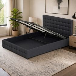 Double Dark Grey Tufted Gas Lift Storage Bed Frame