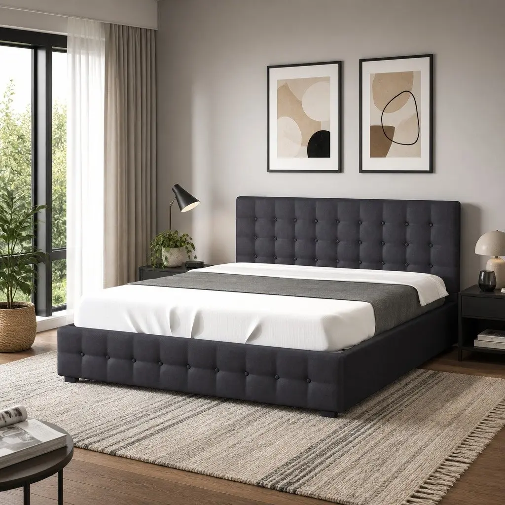 Double Dark Grey Tufted Gas Lift Storage Bed Frame