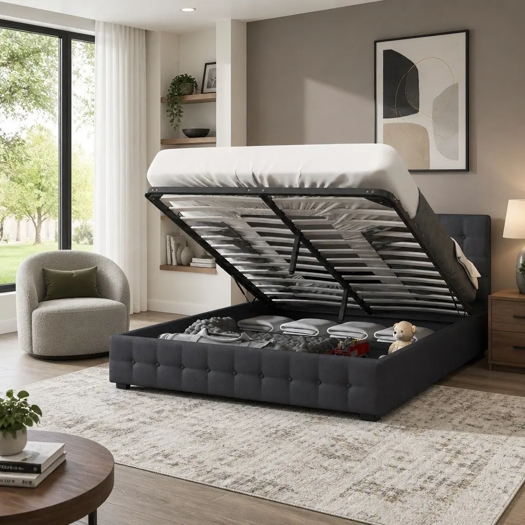 Double Dark Grey Tufted Gas Lift Storage Bed Frame