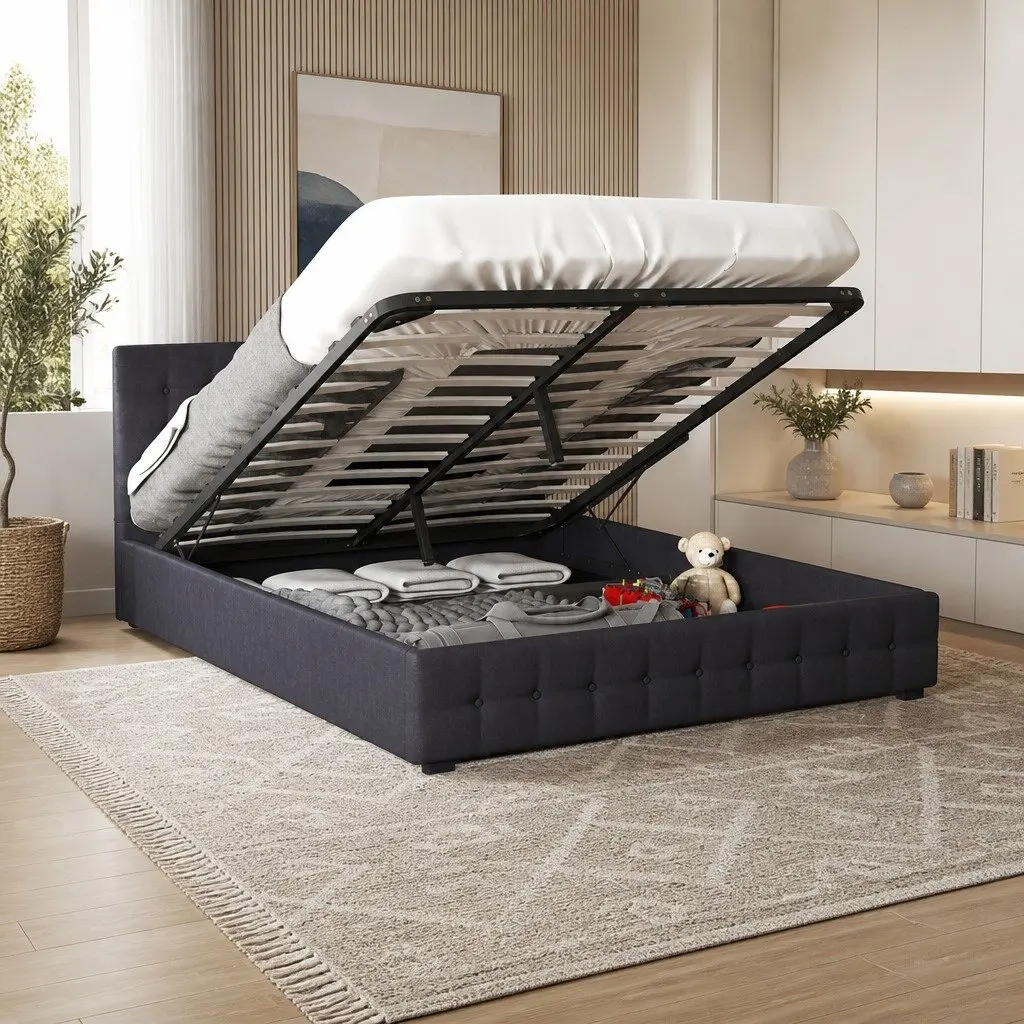 Double Dark Grey Tufted Gas Lift Storage Bed Frame
