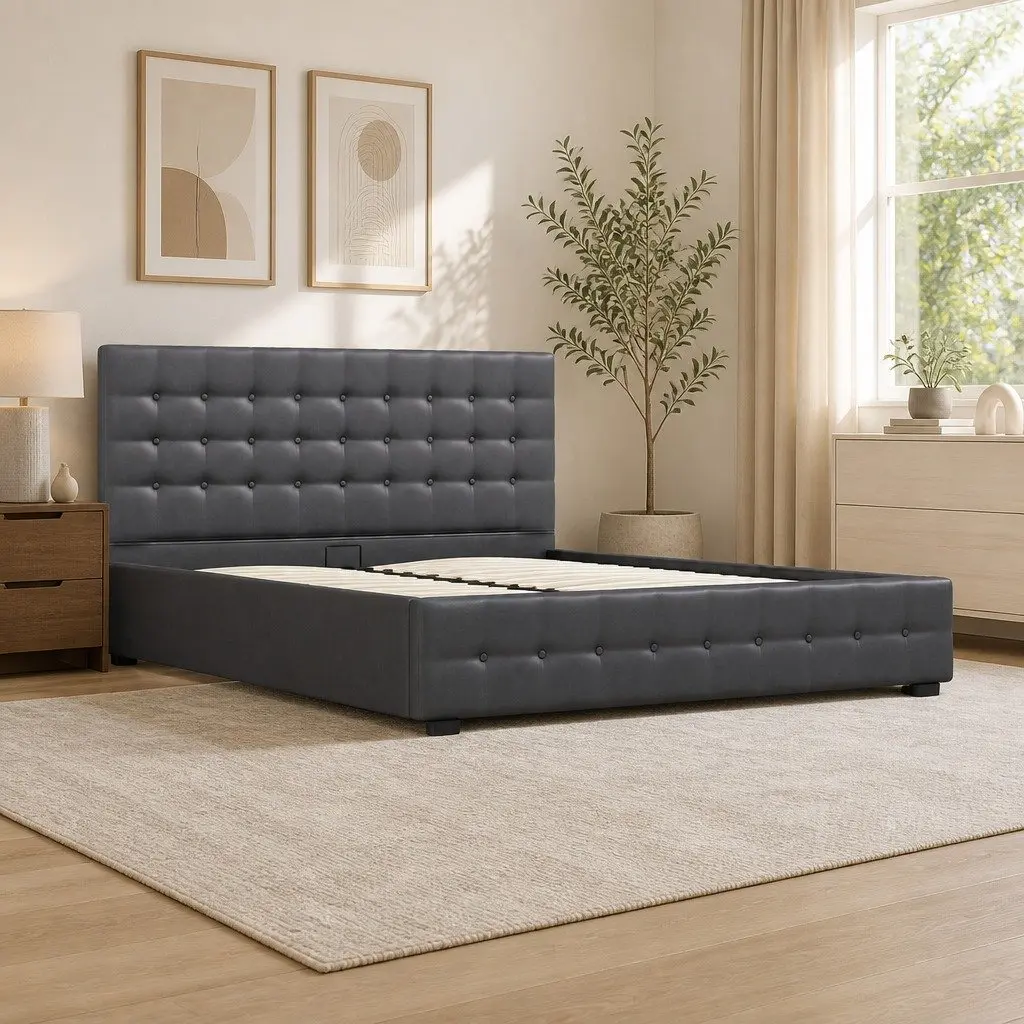 Double Dark Grey Tufted Gas Lift Storage Bed Frame