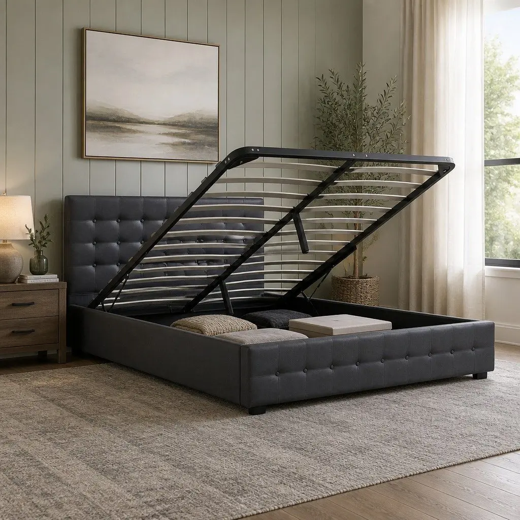 Double Dark Grey Tufted Gas Lift Storage Bed Frame