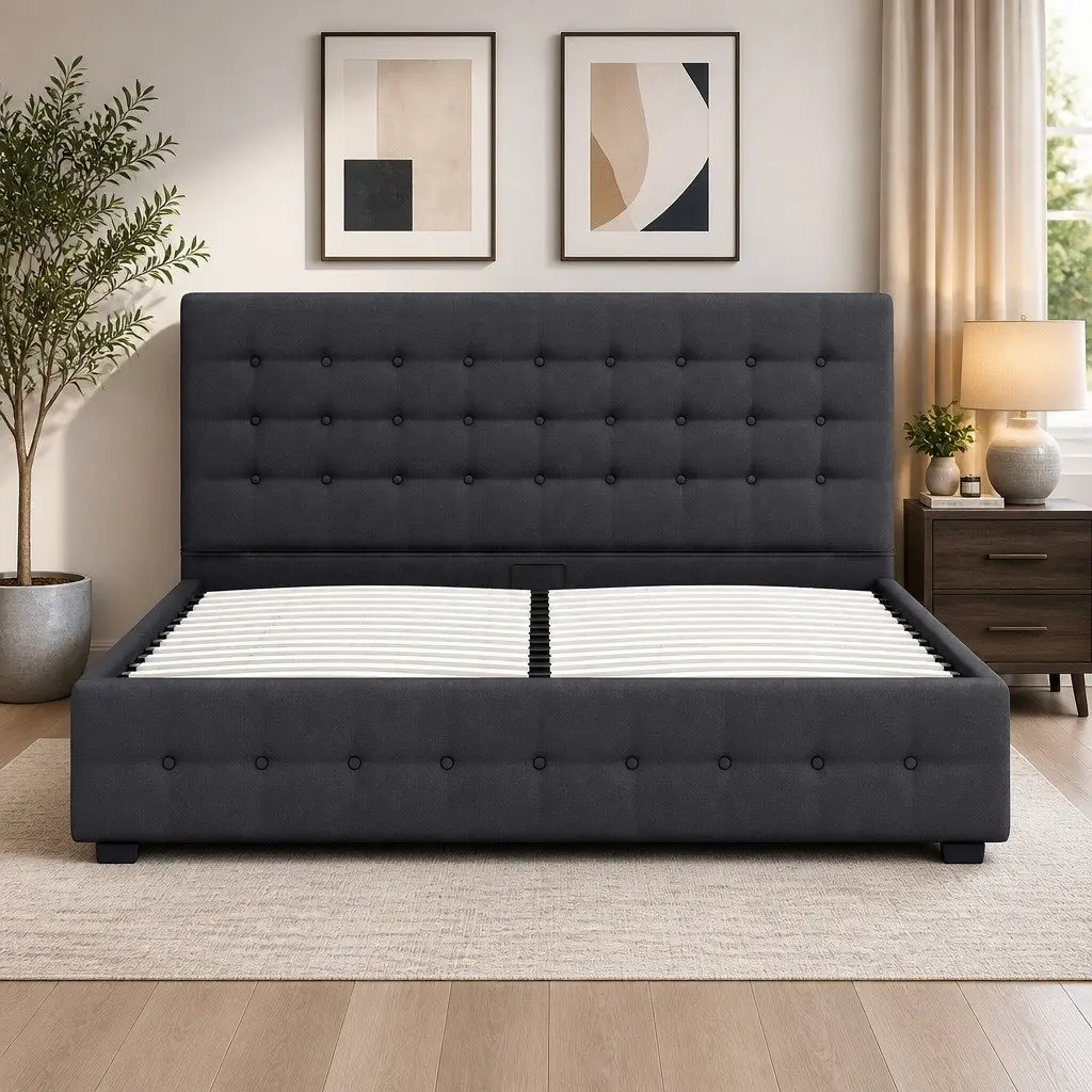 Double Dark Grey Tufted Gas Lift Storage Bed Frame