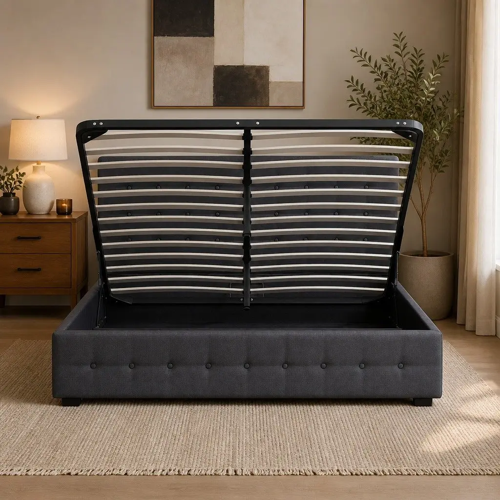 Double Dark Grey Tufted Gas Lift Storage Bed Frame