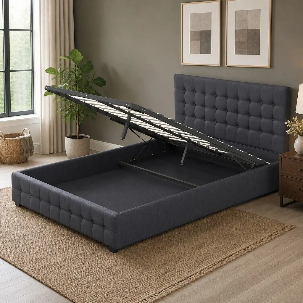 King Bed Frame Gas Lift Linen Upholstery Tufted Modern 216cm x 193cm x 87.5cm