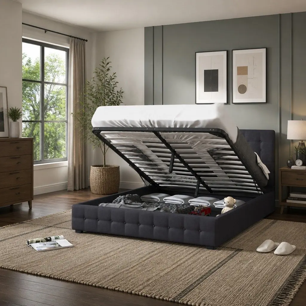 King Bed Frame Gas Lift Linen Upholstery Tufted Modern 216cm x 193cm x 87.5cm
