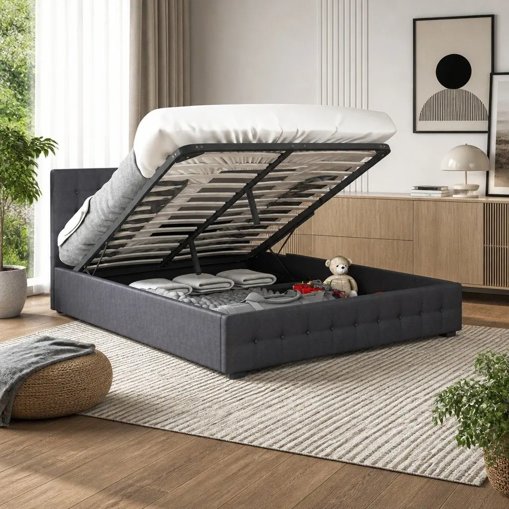 King Bed Frame Gas Lift Linen Upholstery Tufted Modern 216cm x 193cm x 87.5cm
