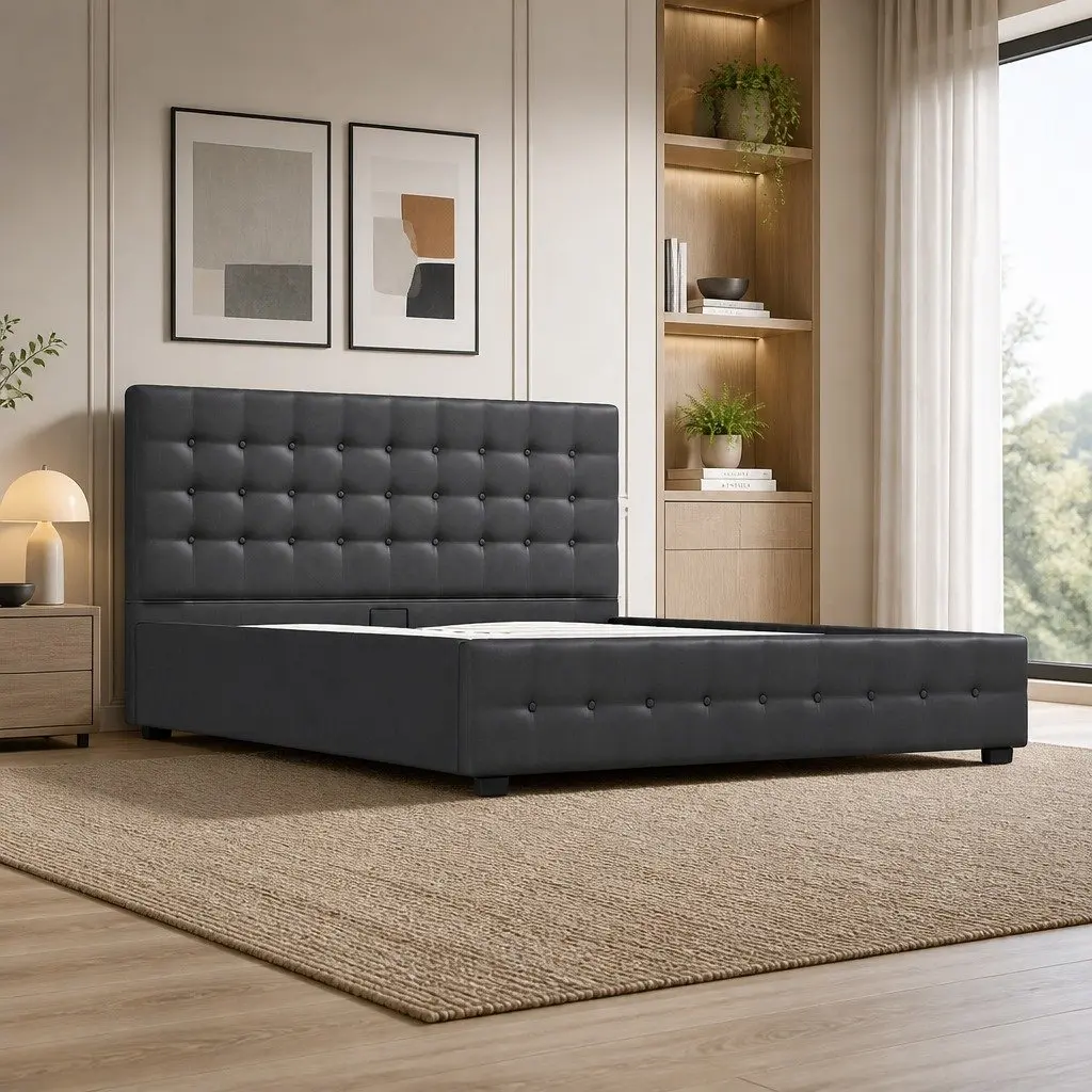 King Bed Frame Gas Lift Linen Upholstery Tufted Modern 216cm x 193cm x 87.5cm