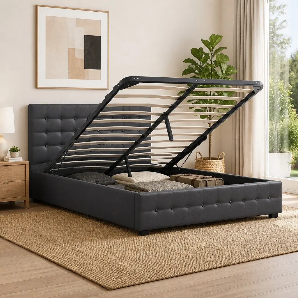 King Bed Frame Gas Lift Linen Upholstery Tufted Modern 216cm x 193cm x 87.5cm