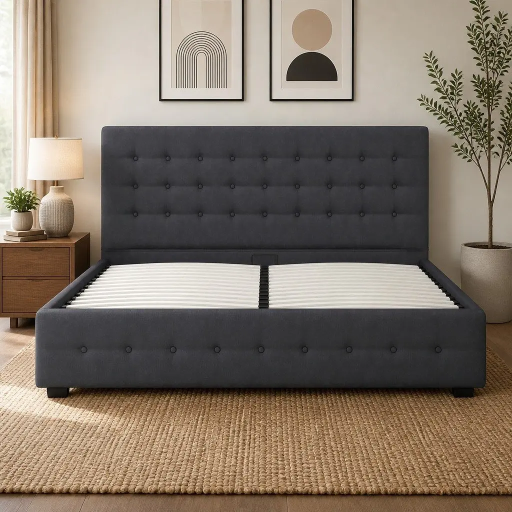 King Bed Frame Gas Lift Linen Upholstery Tufted Modern 216cm x 193cm x 87.5cm