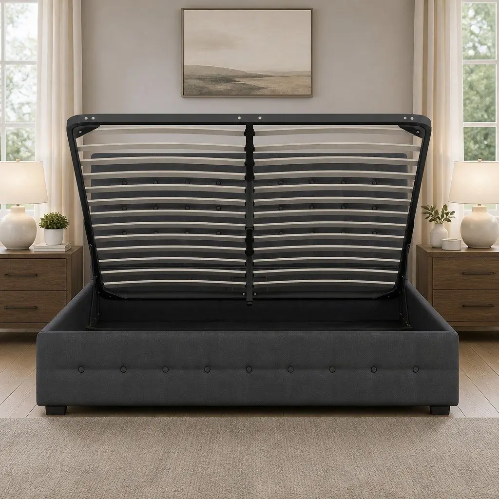 King Bed Frame Gas Lift Linen Upholstery Tufted Modern 216cm x 193cm x 87.5cm