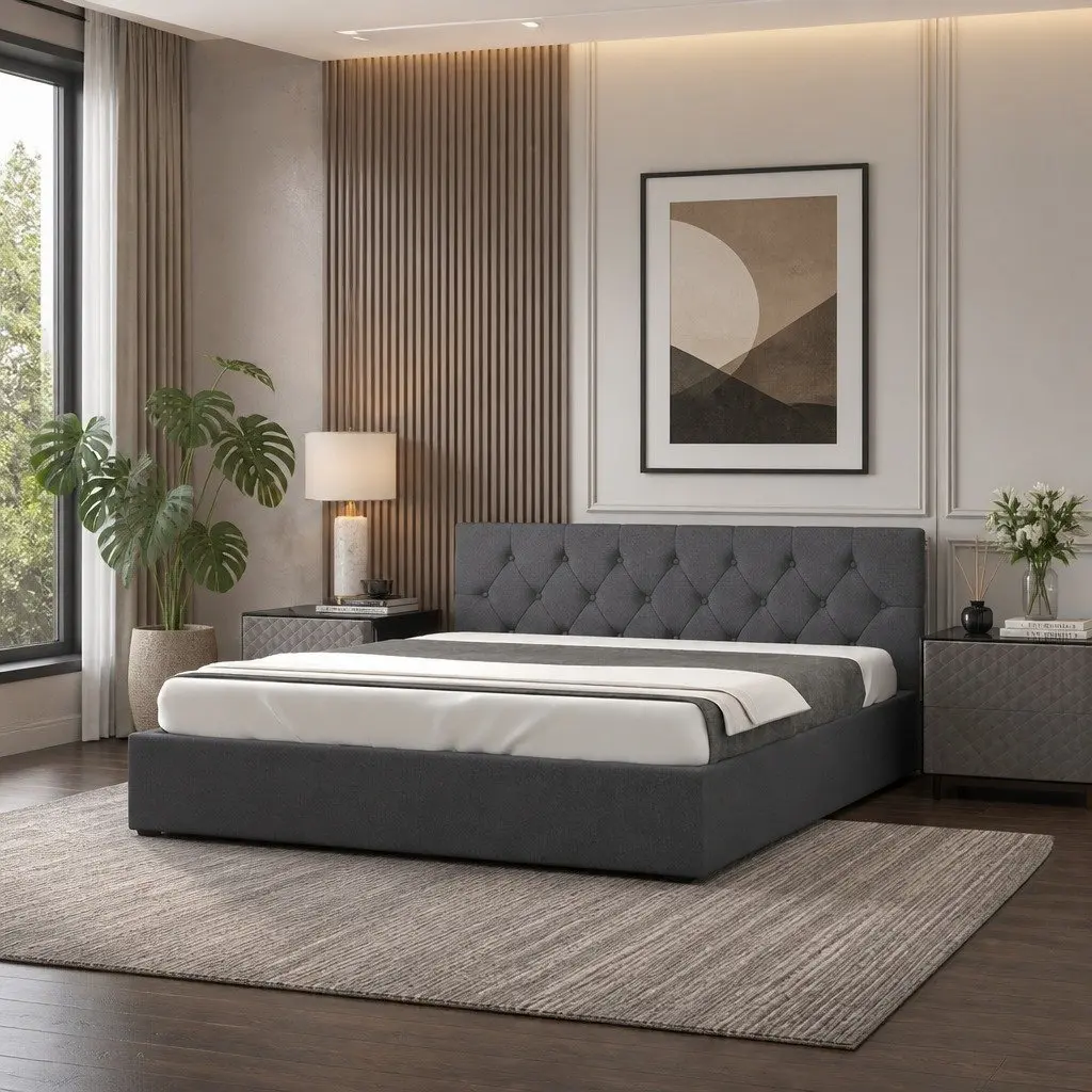 King Single Gas Lift Storage Bed with Tufted Headboard