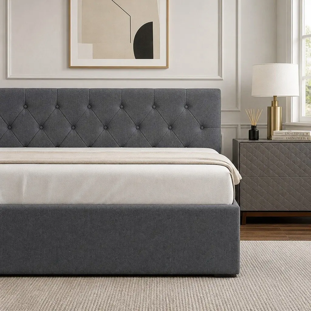King Single Gas Lift Storage Bed with Tufted Headboard
