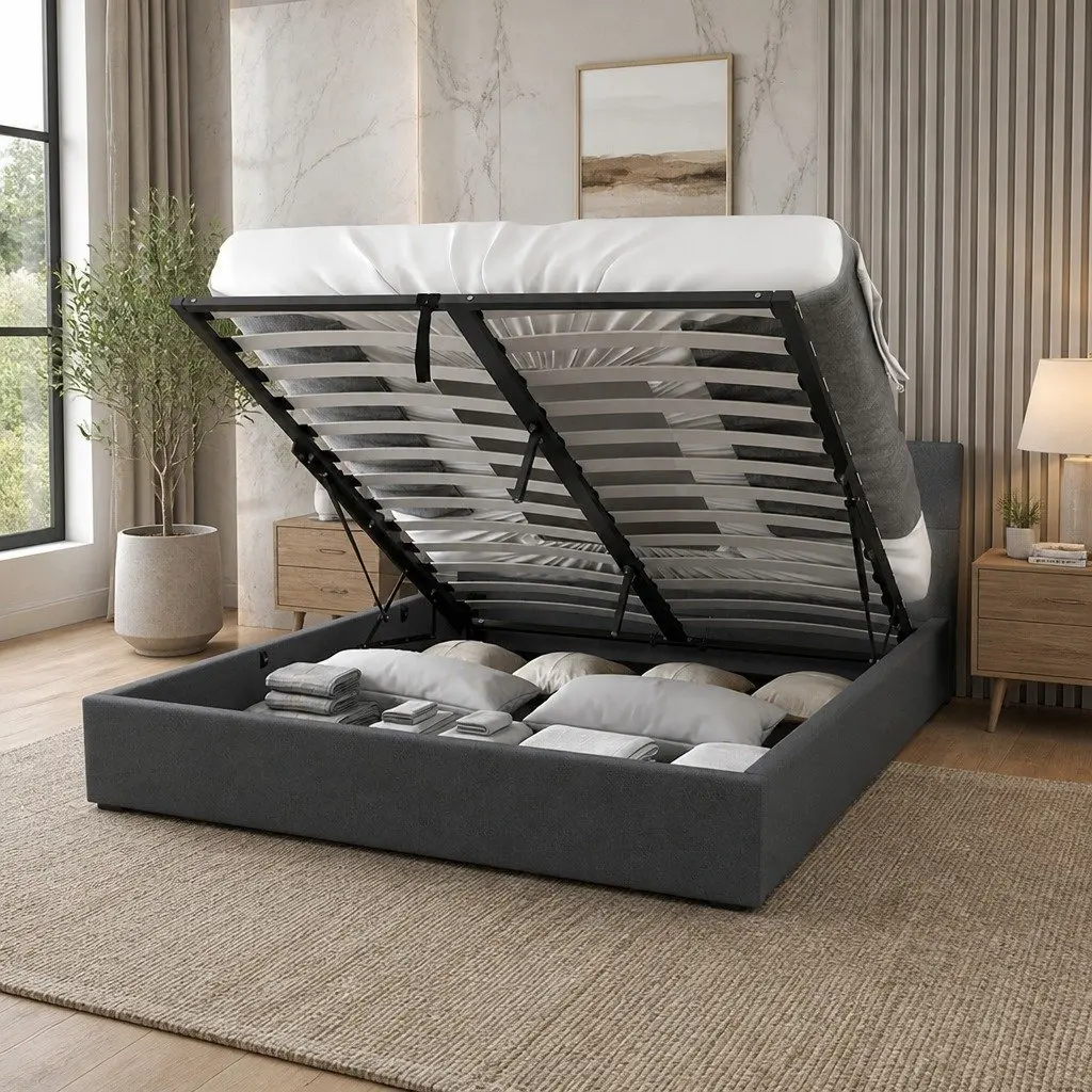 King Single Gas Lift Storage Bed with Tufted Headboard
