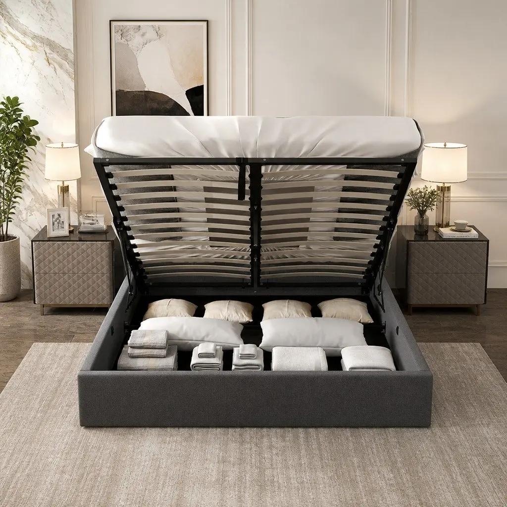 King Single Gas Lift Storage Bed with Tufted Headboard