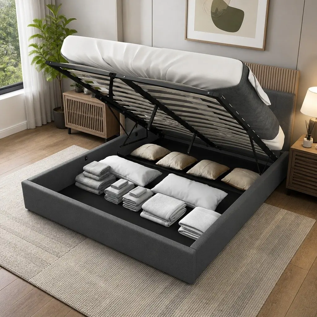 King Single Gas Lift Storage Bed with Tufted Headboard