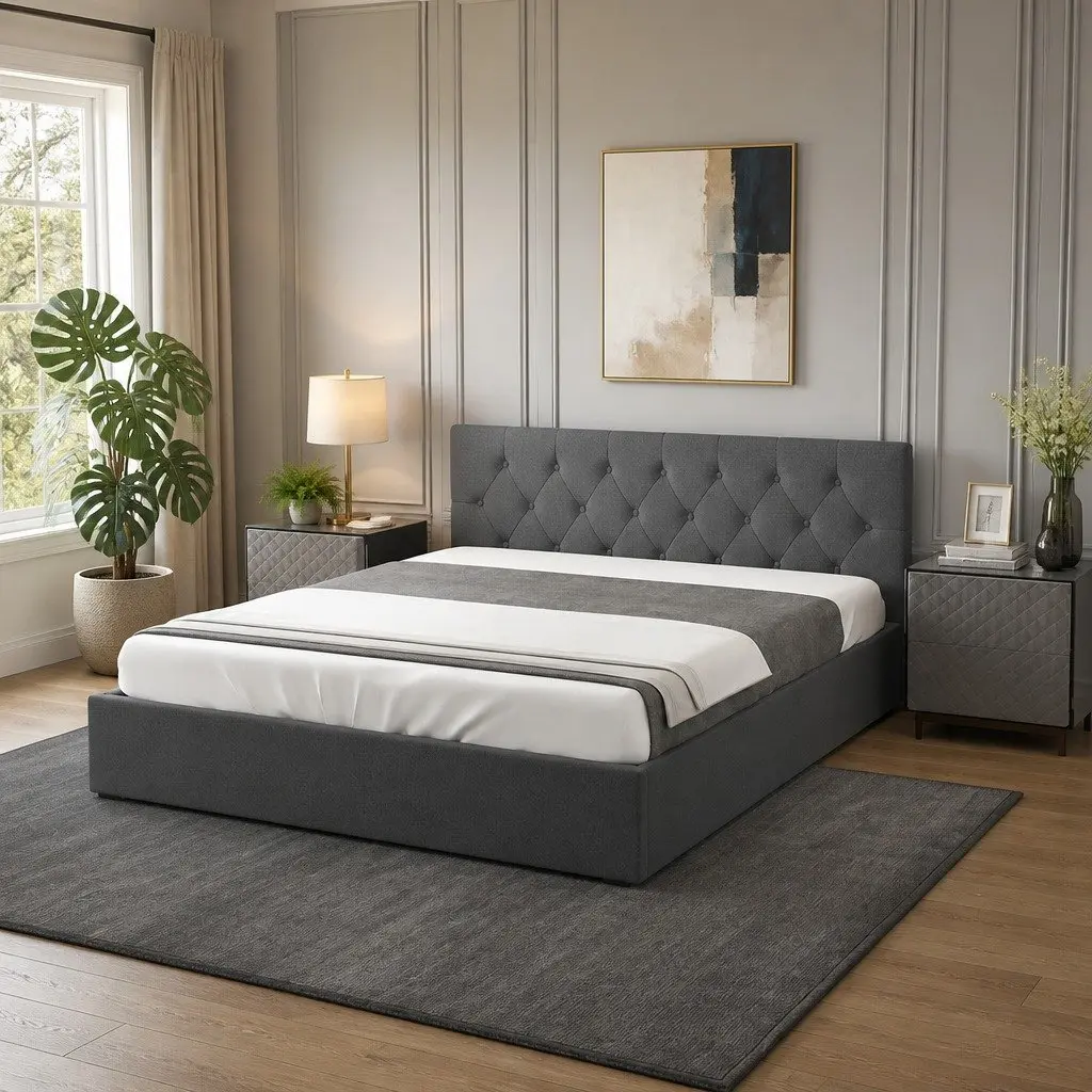 Queen Size Gas Lift Bed Frame with Tufted Headboard