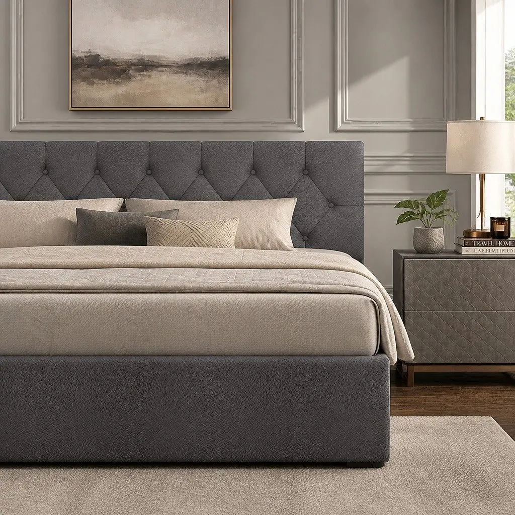 Queen Size Gas Lift Bed Frame with Tufted Headboard