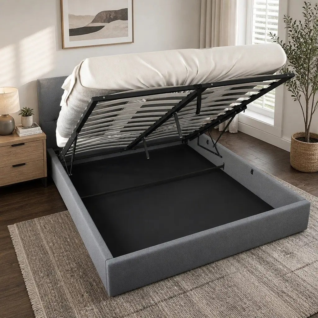 Queen Size Gas Lift Bed Frame with Tufted Headboard