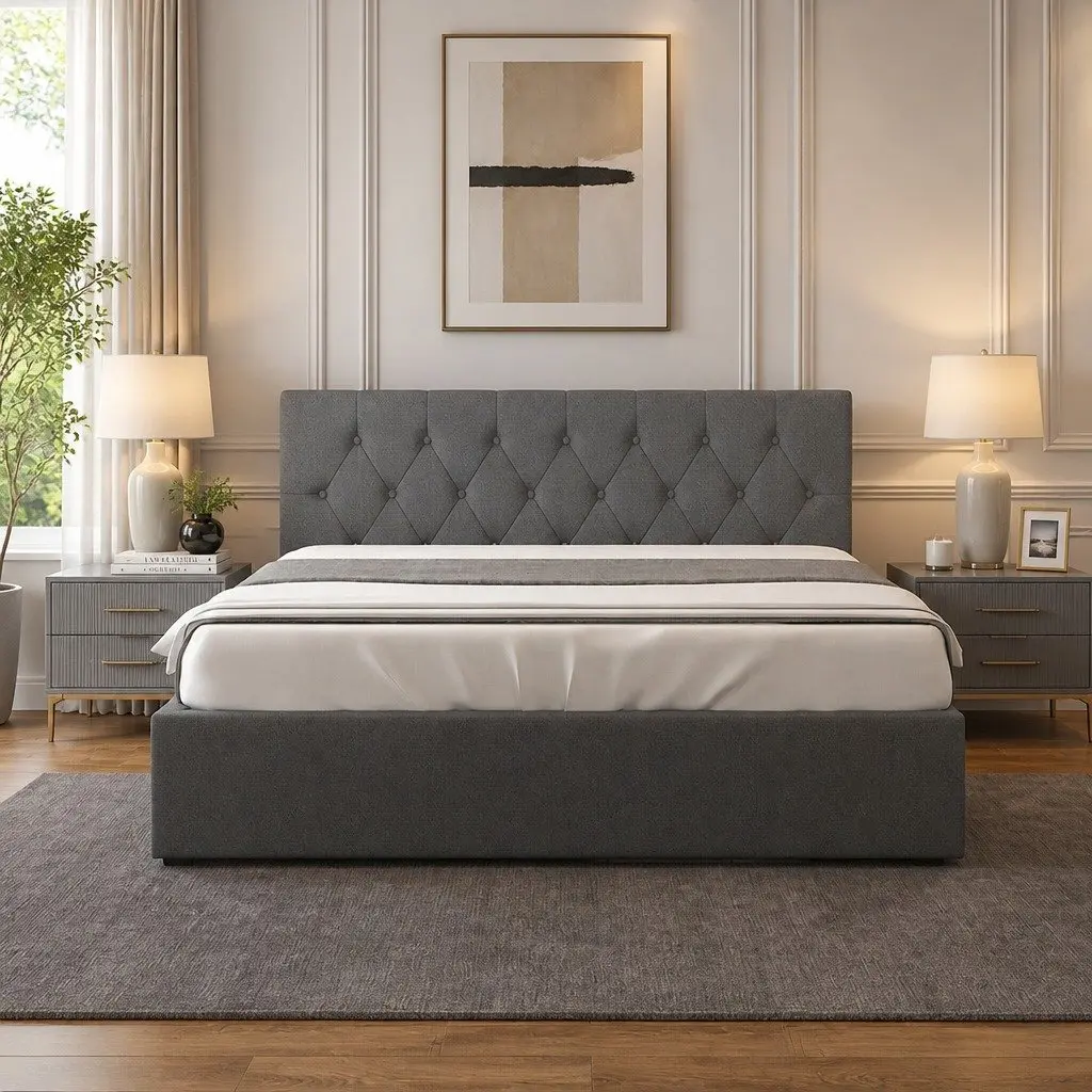 Queen Size Gas Lift Bed Frame with Tufted Headboard