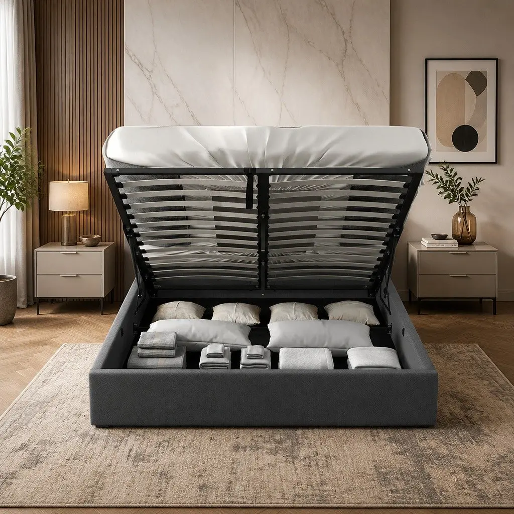 Queen Size Gas Lift Bed Frame with Tufted Headboard