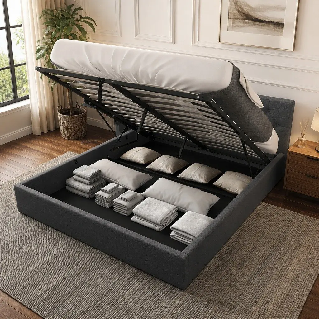 Queen Size Gas Lift Bed Frame with Tufted Headboard