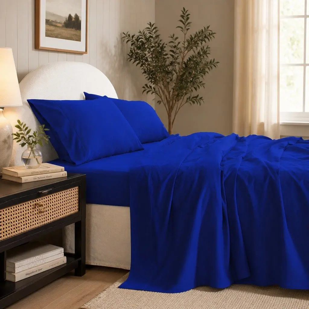 Single Vintage Washed Cotton Sheet Set in Royal Blue