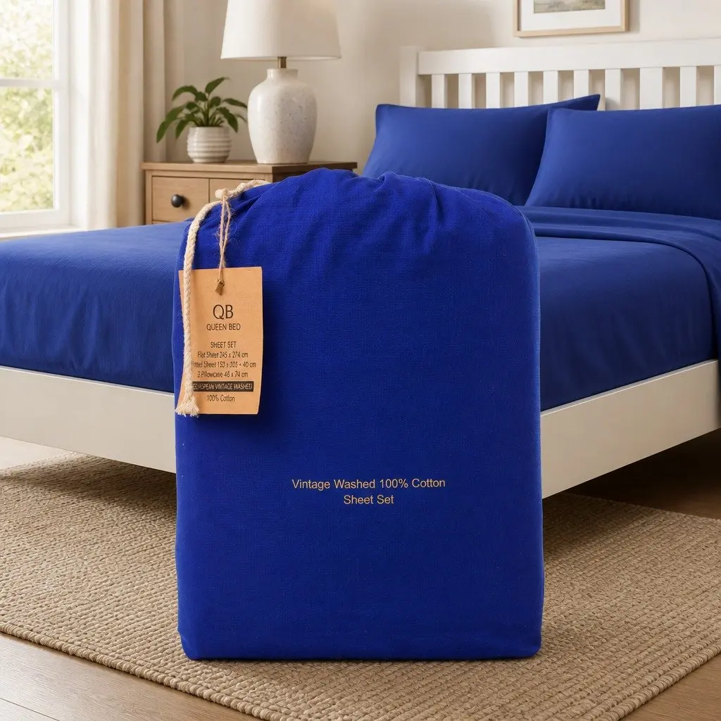 Vintage-Washed Cotton Sheet Set for Double Beds