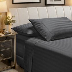 Sheet Set Queen Damask Stripe 1200 Thread Count Sateen Cotton Blend Charcoal