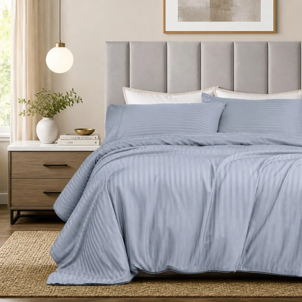 Sheet Set Cotton Blend 1200 Thread Count King Blue Fog Damask Stripe Sateen