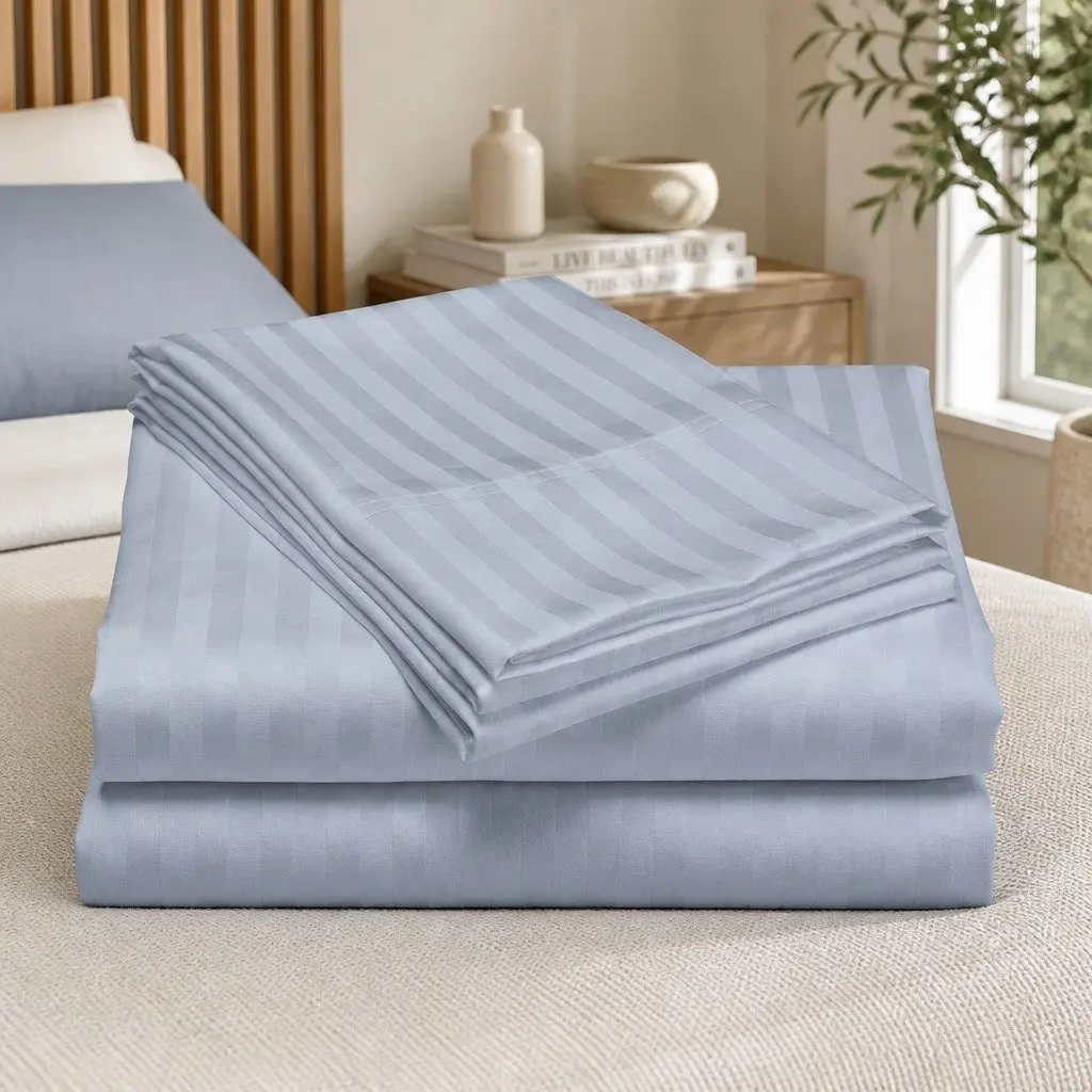 Sheet Set Cotton Blend 1200 Thread Count King Blue Fog Damask Stripe Sateen