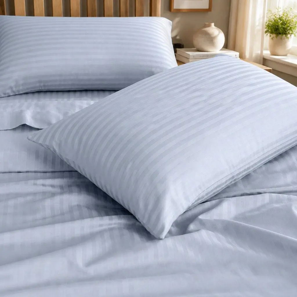 Sheet Set Cotton Blend 1200 Thread Count King Blue Fog Damask Stripe Sateen