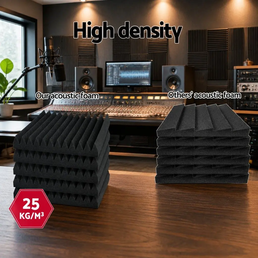 Acoustic Foam Wedge Tiles High-Density 30x30x5cm Black