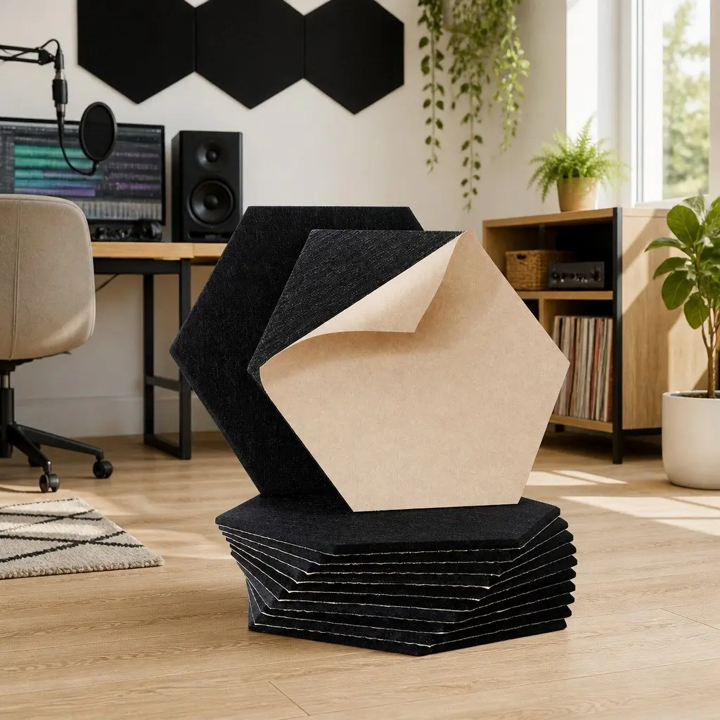 Acoustic Foam Soundproofing Tiles High-Density Hexagonal Panels 35cm x 30cm x 0.9cm Black 12 Piece