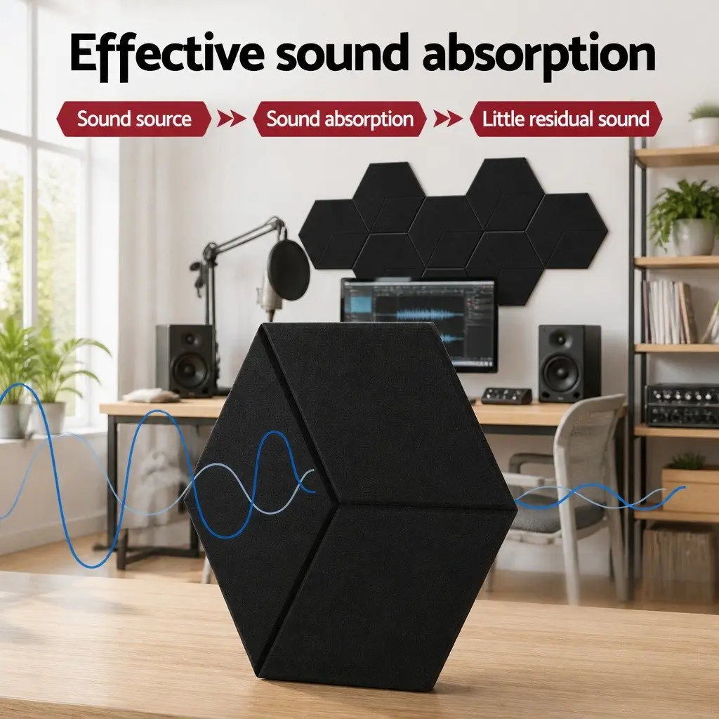 Acoustic Foam Soundproofing Tiles High-Density Hexagonal Panels 35cm x 30cm x 0.9cm Black 12 Piece