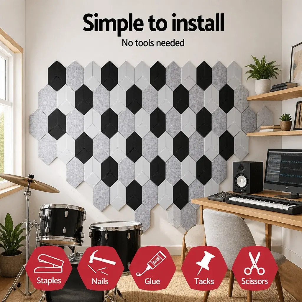Acoustic Foam Soundproof Panels Hexagonal Tiles 35cm x 30cm White