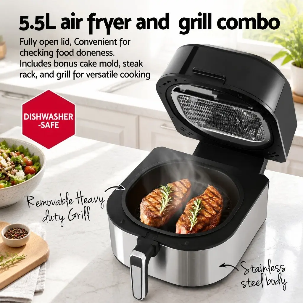 Air Fryer Grill Stainless Steel 5.5L Capacity 1500W Touch Control Black